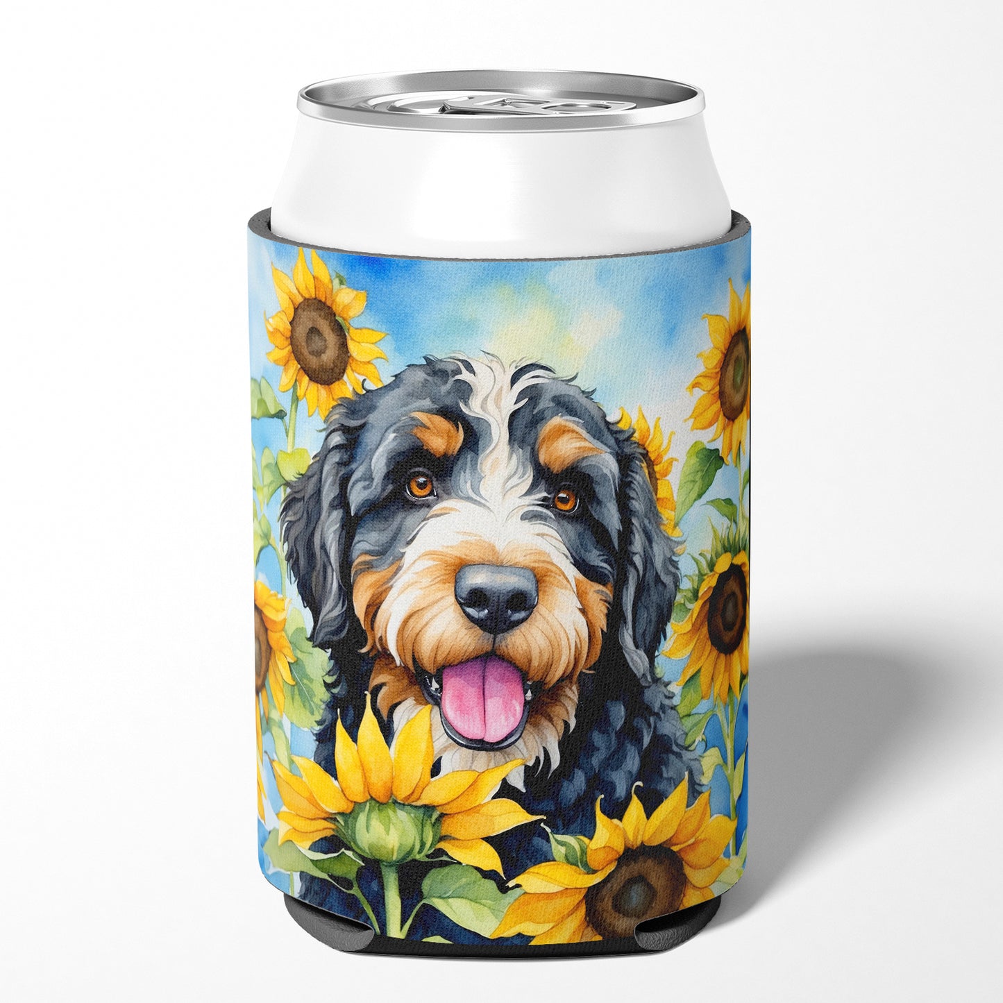 Bernedoodle in Sunflowers Can or Bottle Hugger