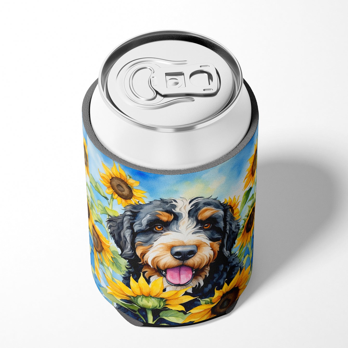Bernedoodle in Sunflowers Can or Bottle Hugger