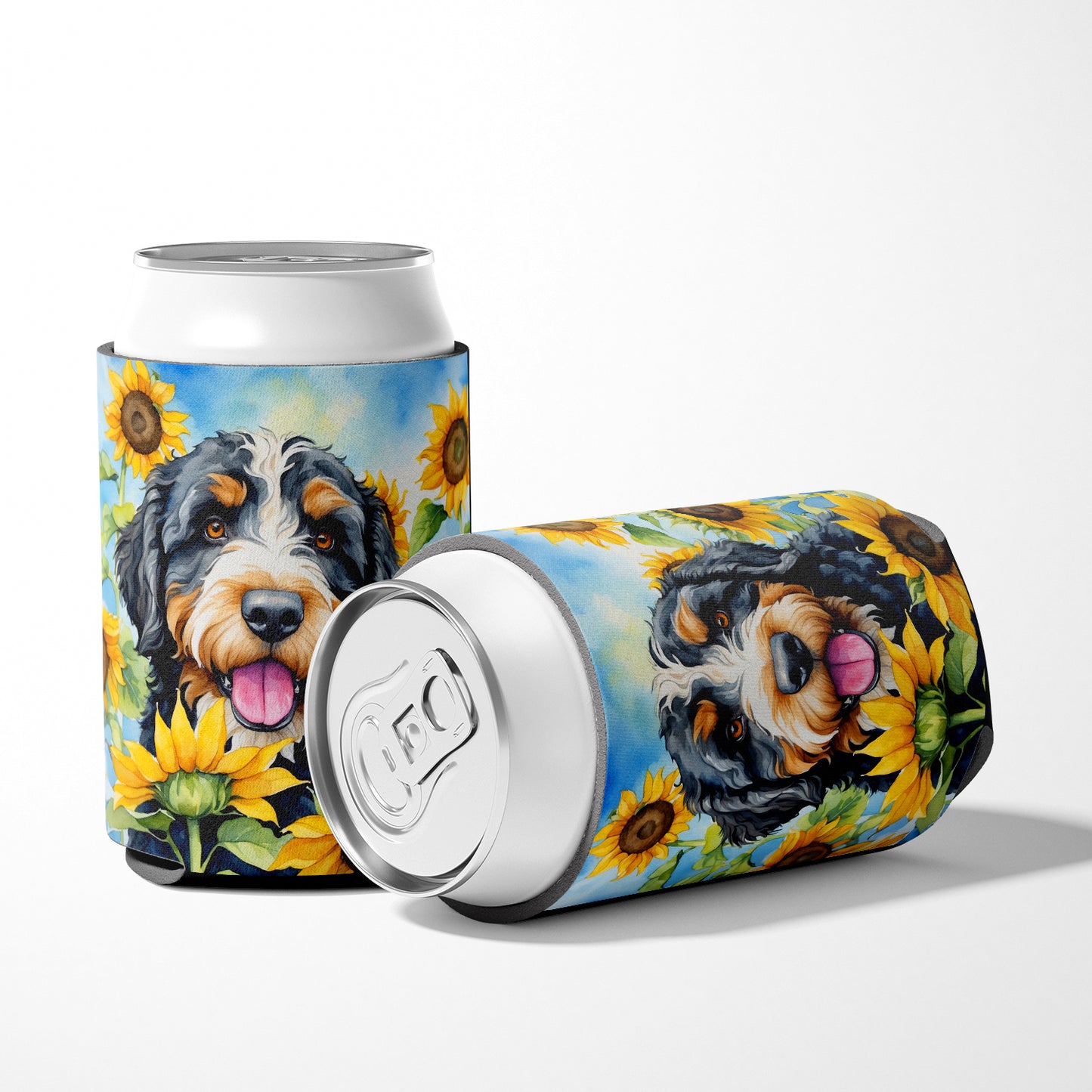 Bernedoodle in Sunflowers Can or Bottle Hugger