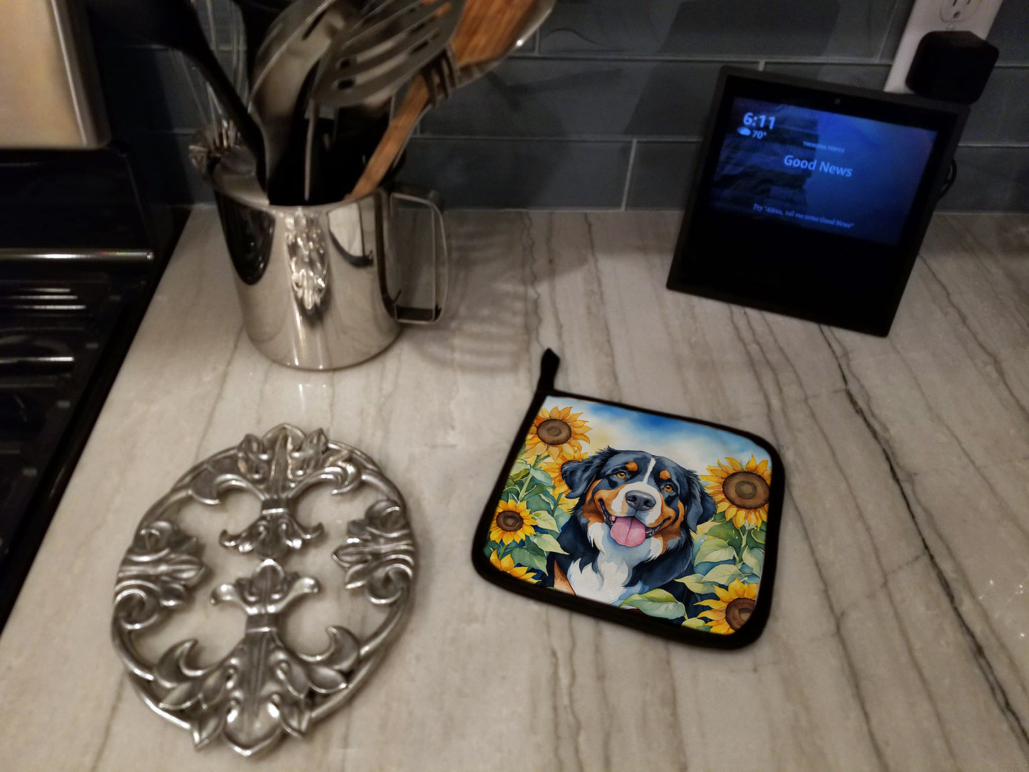 Bernese Mountain Dog in Sunflowers Pair of Pot Holders