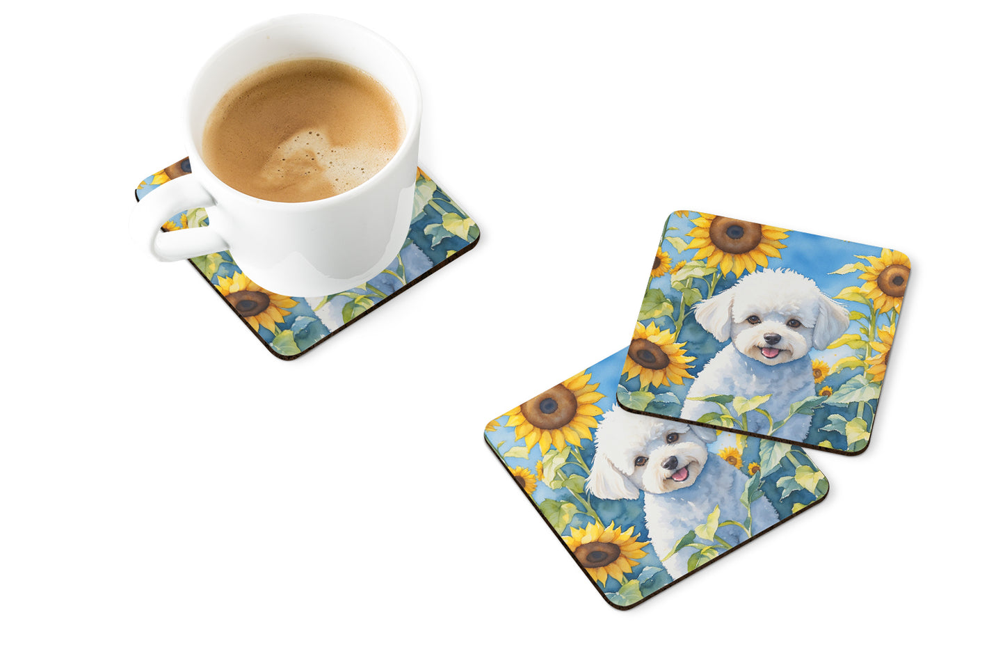 Bichon Frise in Sunflowers Foam Coasters