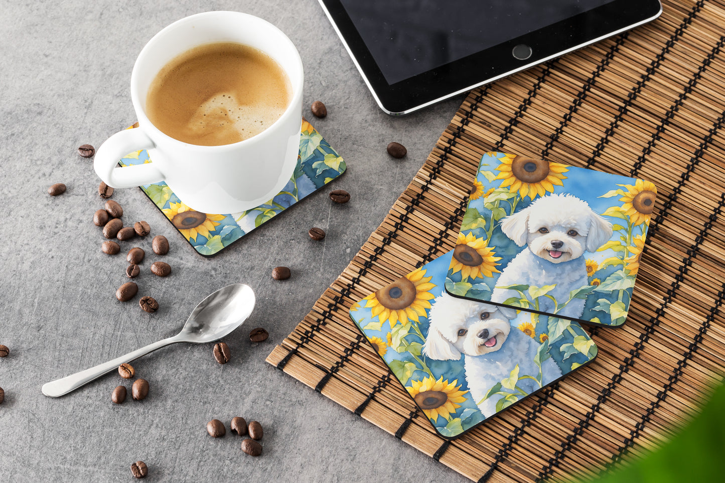 Bichon Frise in Sunflowers Foam Coasters