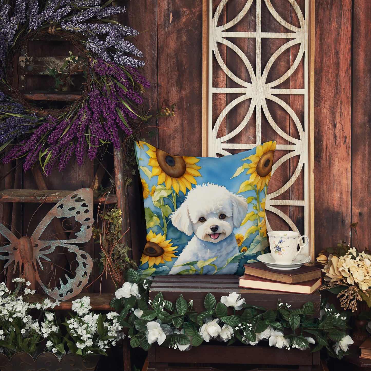 Bichon Frise in Sunflowers Throw Pillow