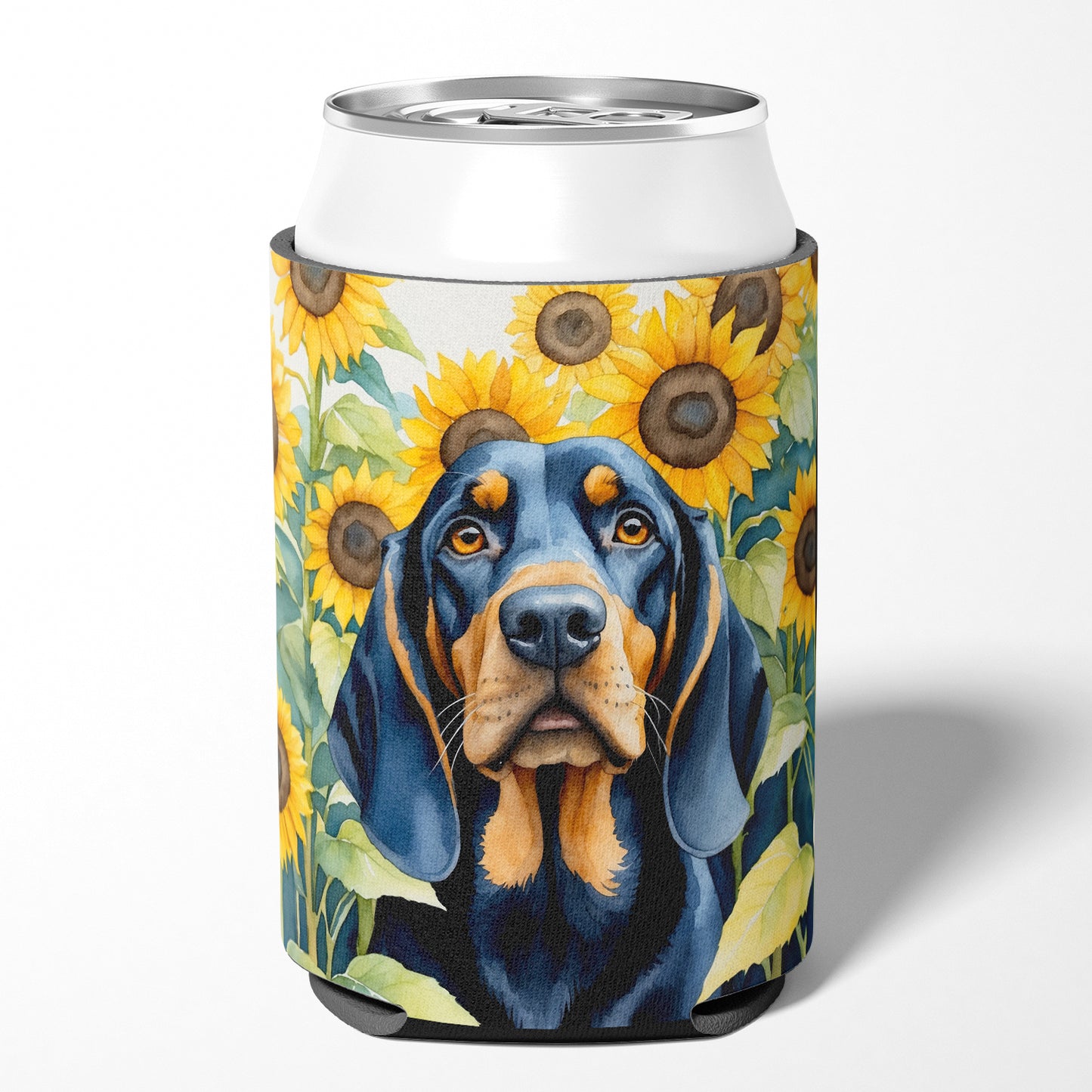 Black and Tan Coonhound in Sunflowers Can or Bottle Hugger