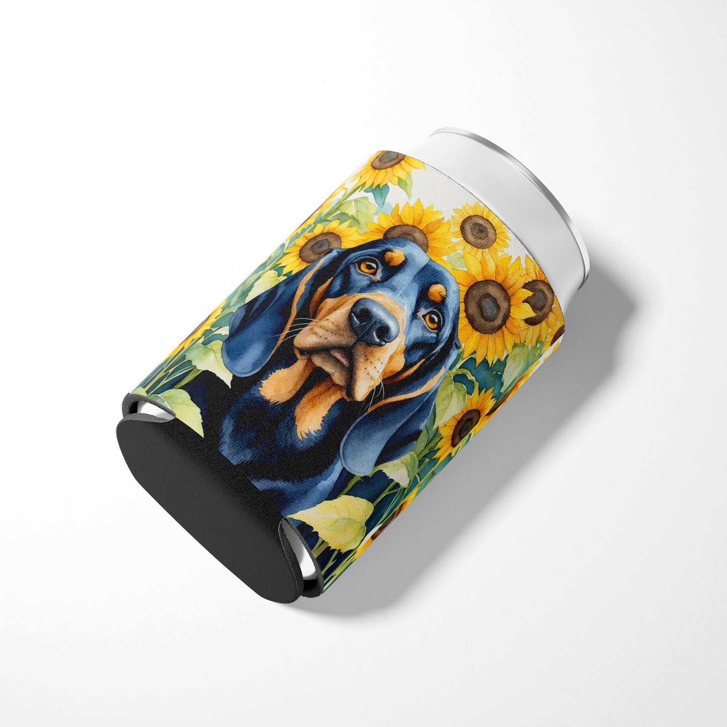 Black and Tan Coonhound in Sunflowers Can or Bottle Hugger