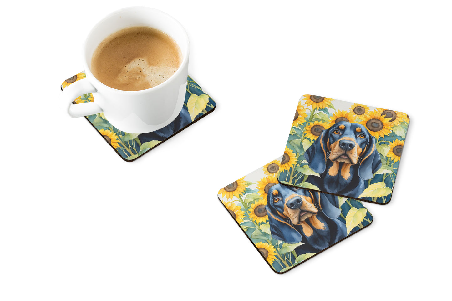 Black and Tan Coonhound in Sunflowers Foam Coasters