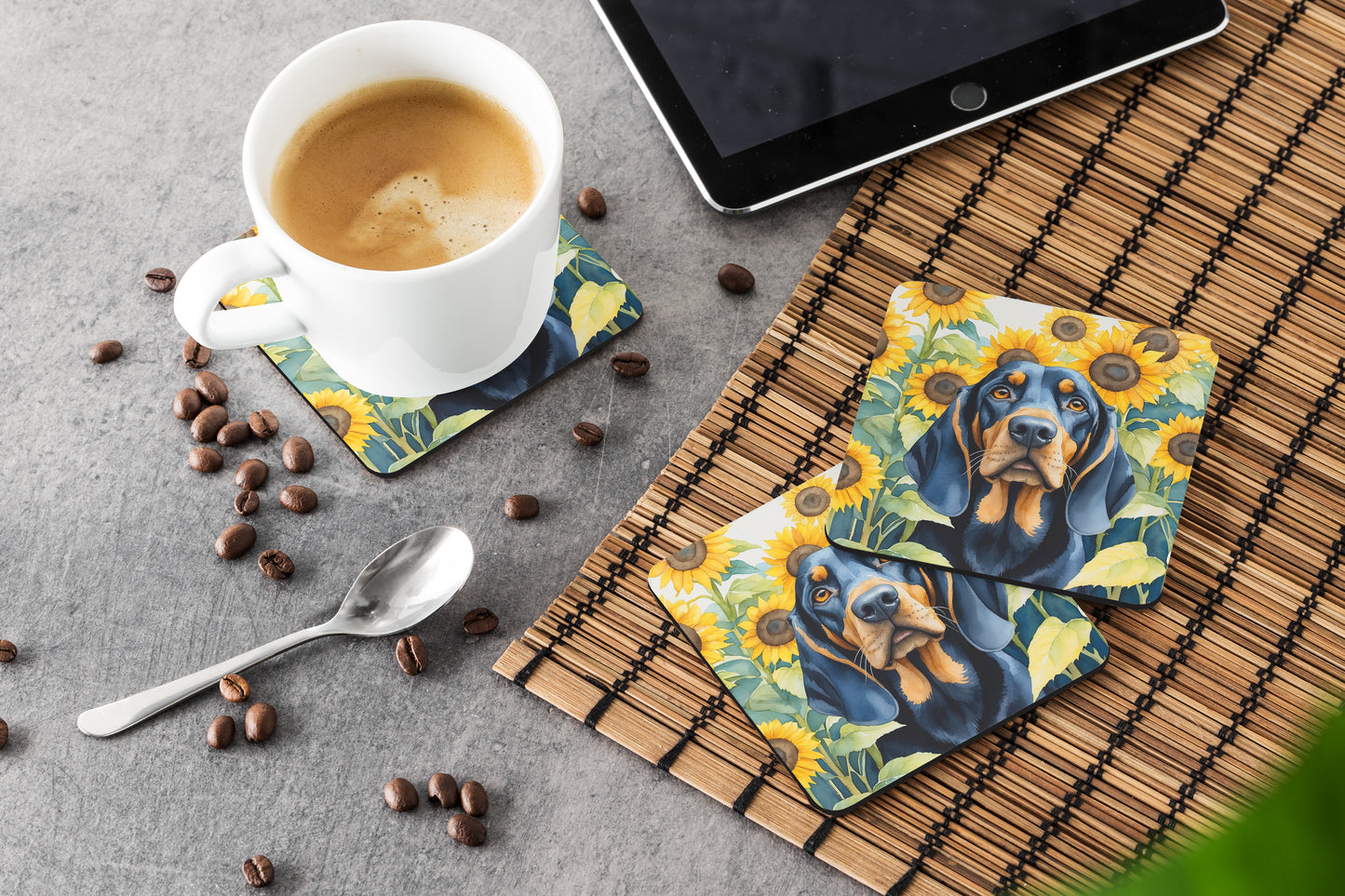 Black and Tan Coonhound in Sunflowers Foam Coasters