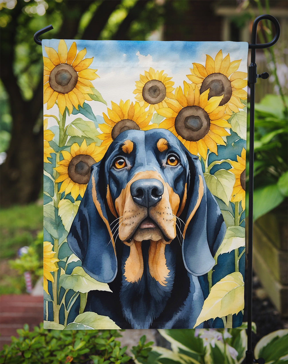 Black and Tan Coonhound in Sunflowers Garden Flag