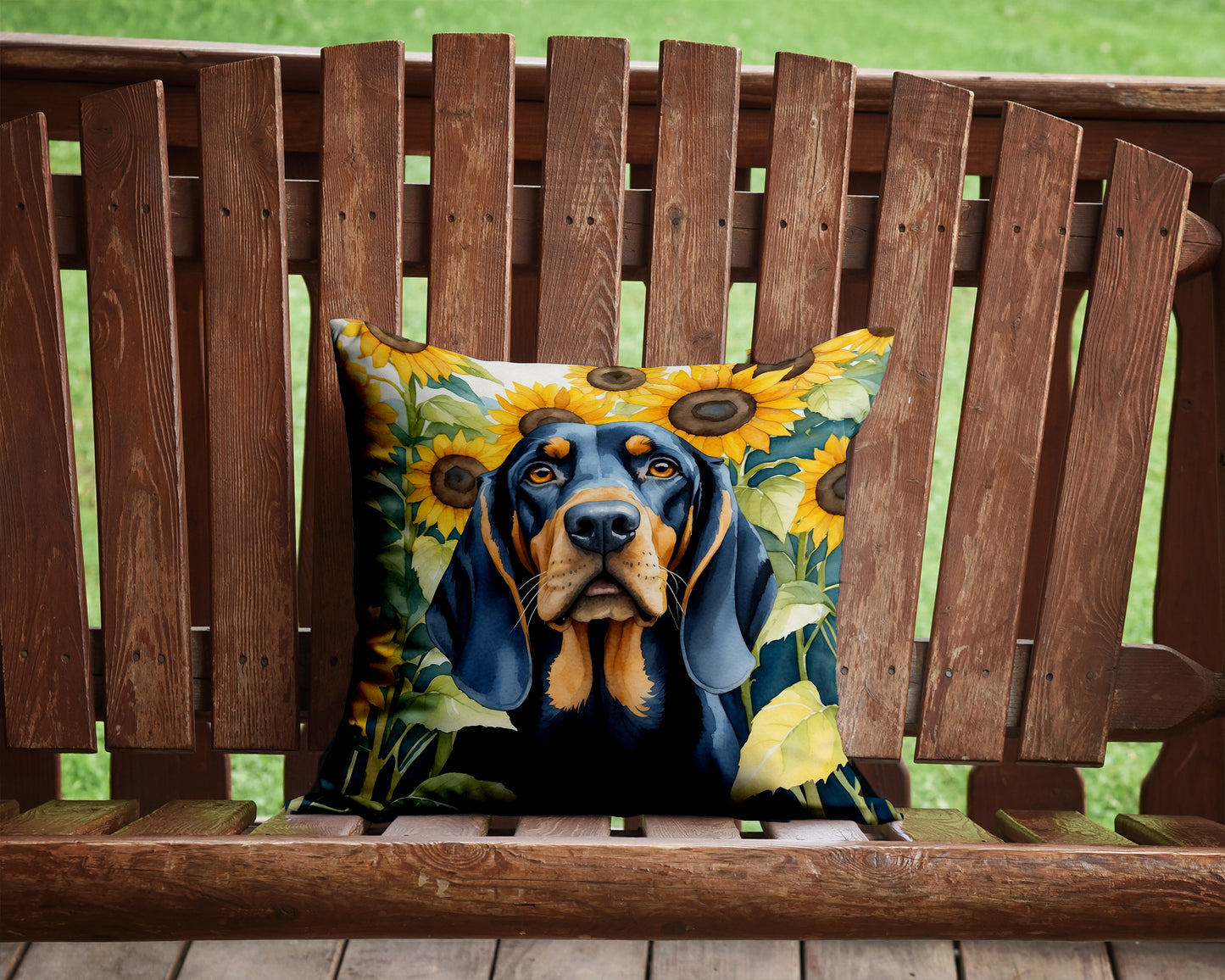 Black and Tan Coonhound in Sunflowers Throw Pillow