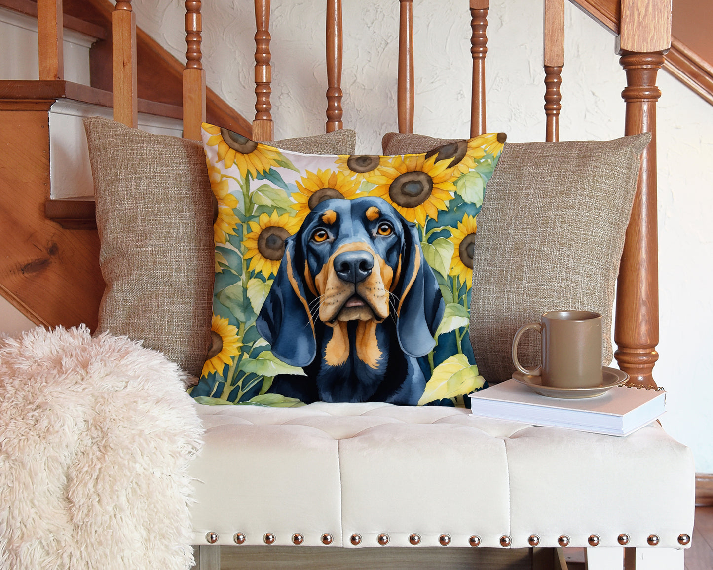 Black and Tan Coonhound in Sunflowers Throw Pillow