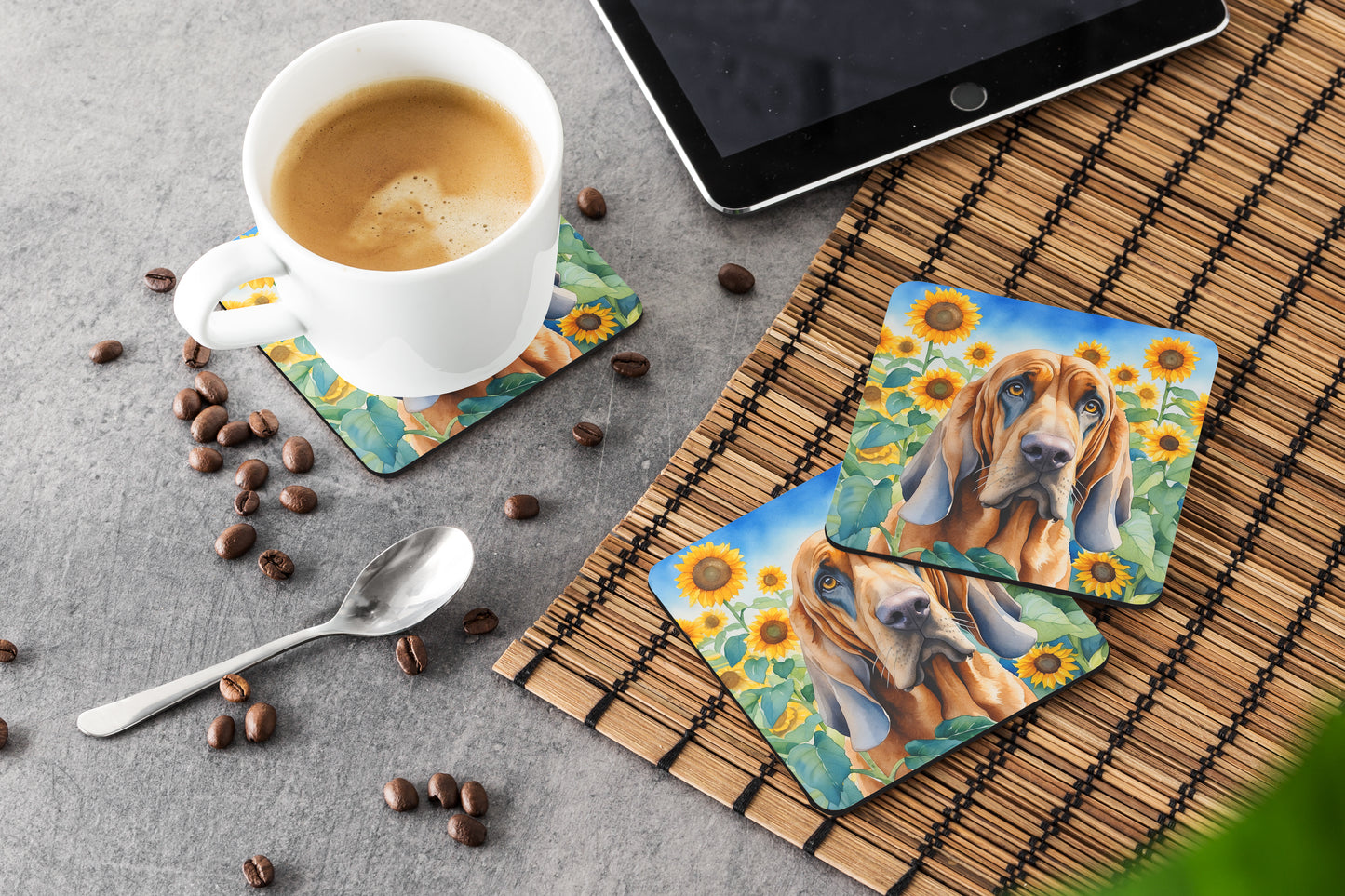 Bloodhound in Sunflowers Foam Coasters