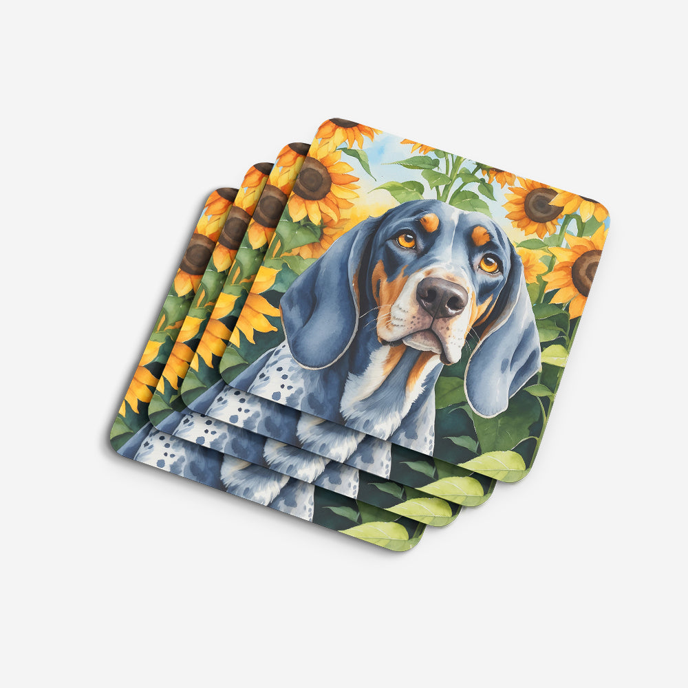 Bluetick Coonhound in Sunflowers Foam Coasters