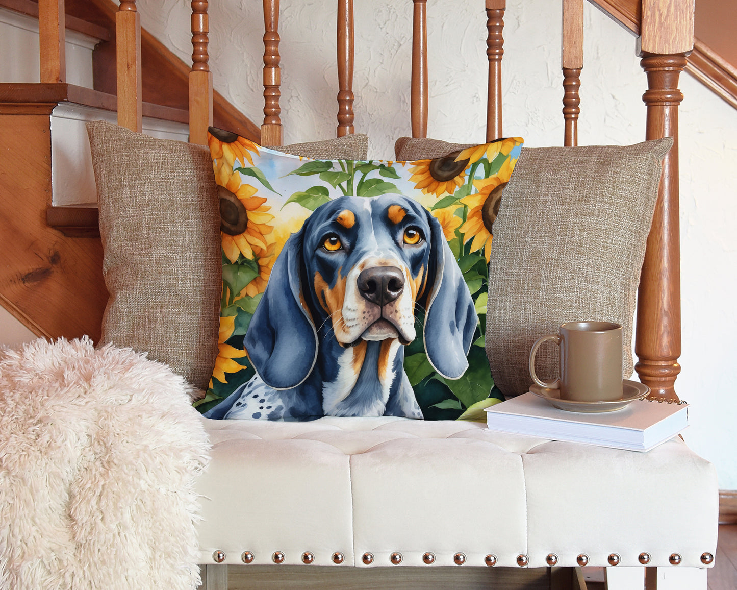 Bluetick Coonhound in Sunflowers Throw Pillow