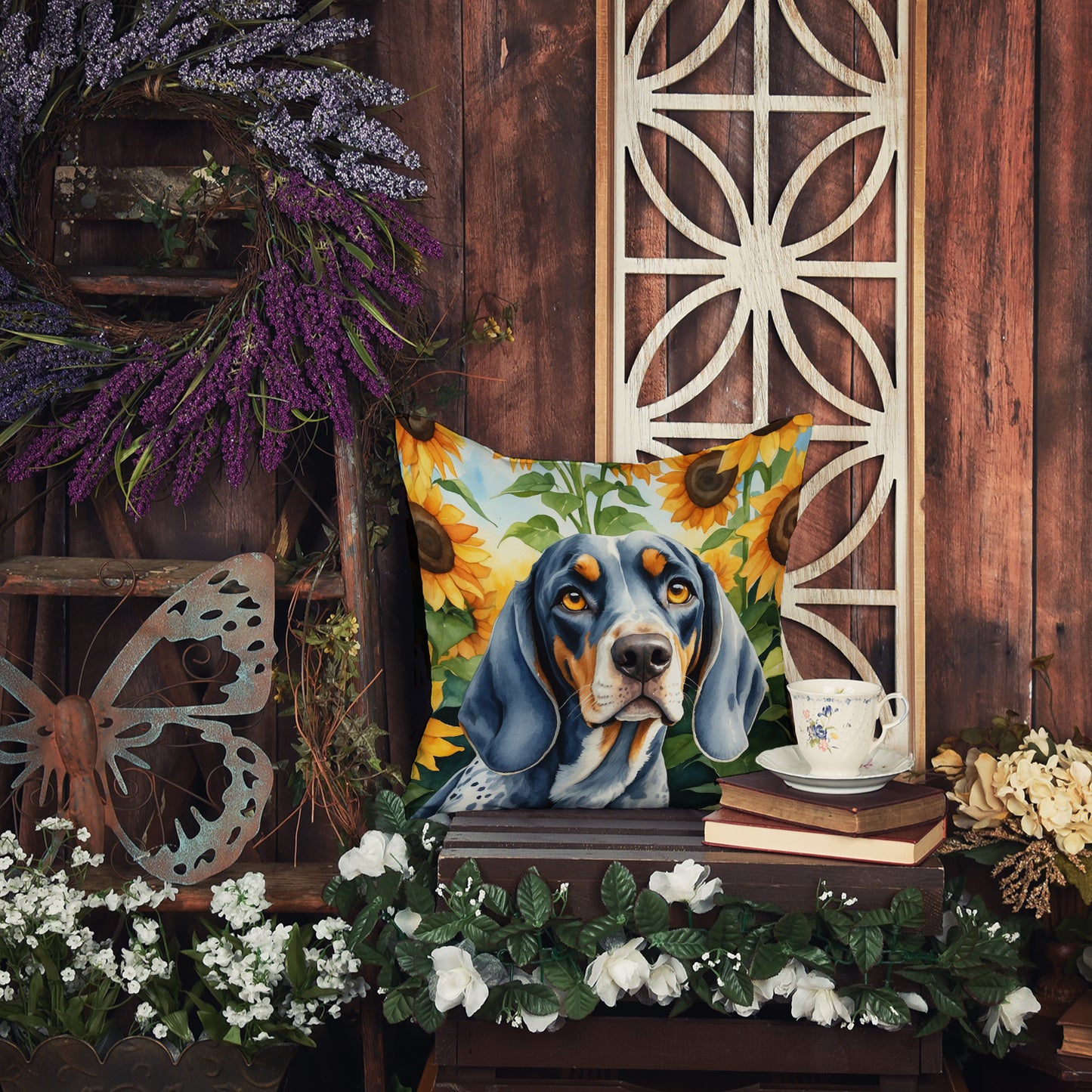 Bluetick Coonhound in Sunflowers Throw Pillow