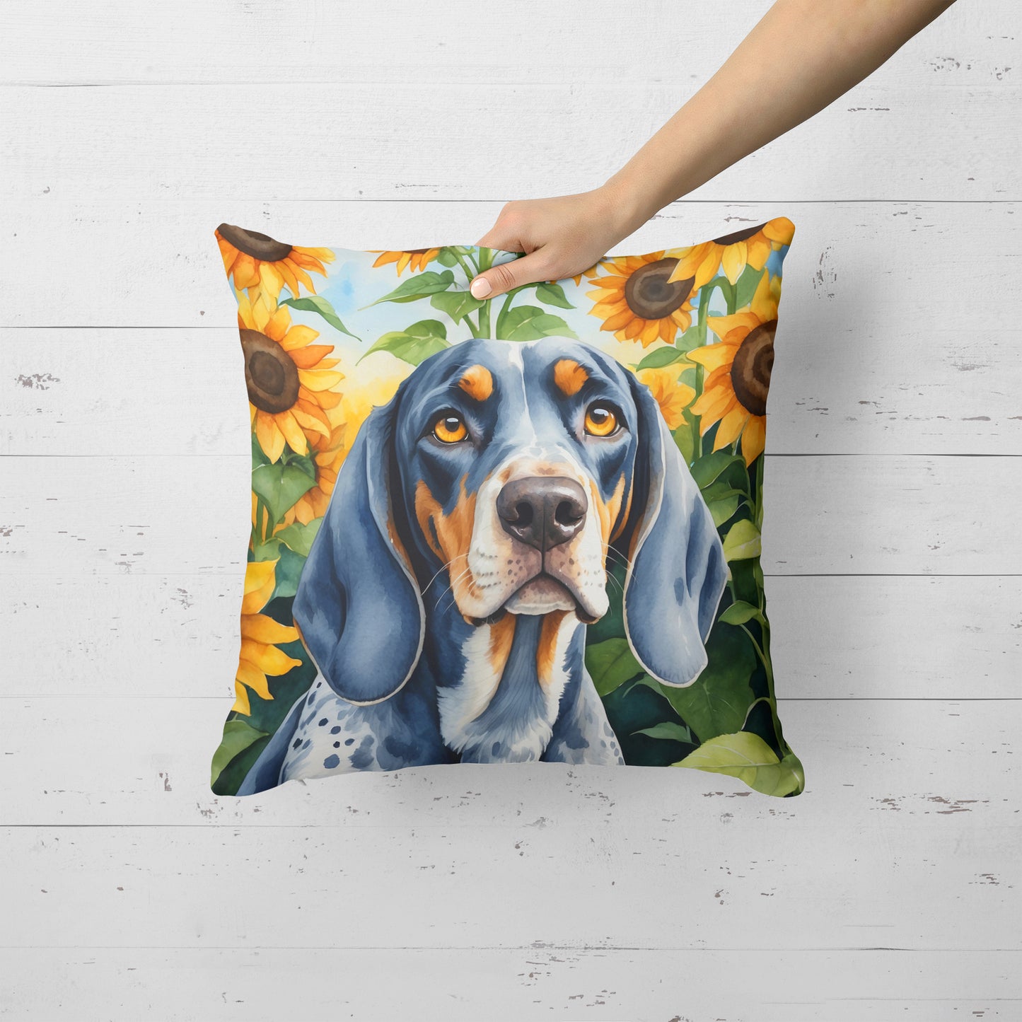 Bluetick Coonhound in Sunflowers Throw Pillow