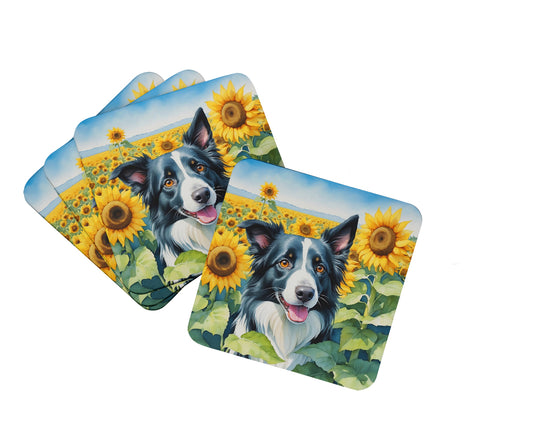 Buy this Border Collie in Sunflowers Foam Coasters