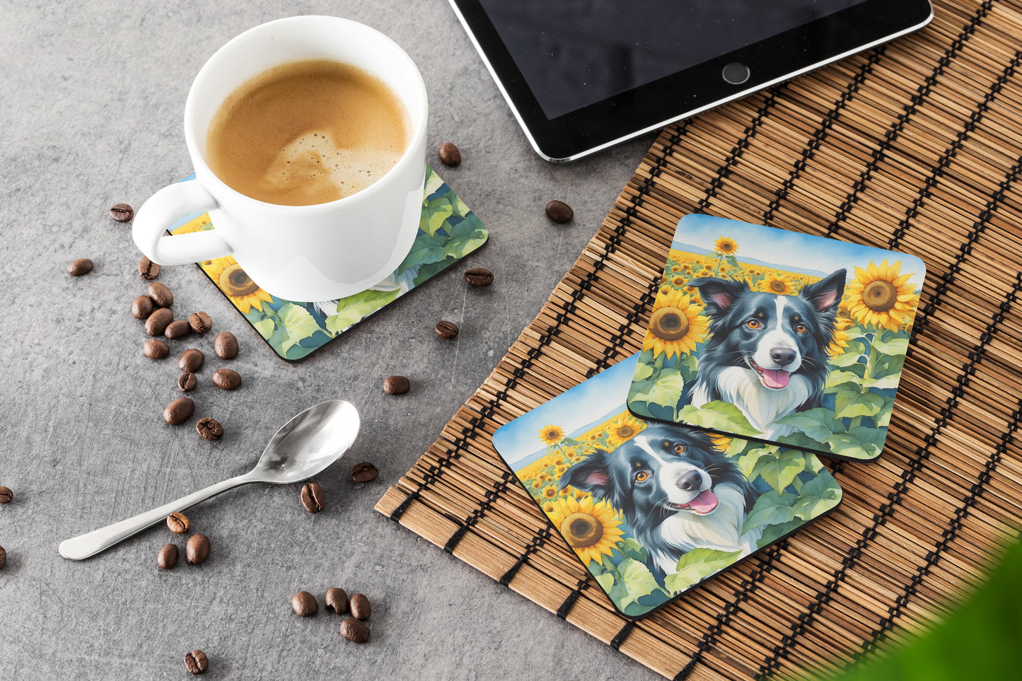 Border Collie in Sunflowers Foam Coasters