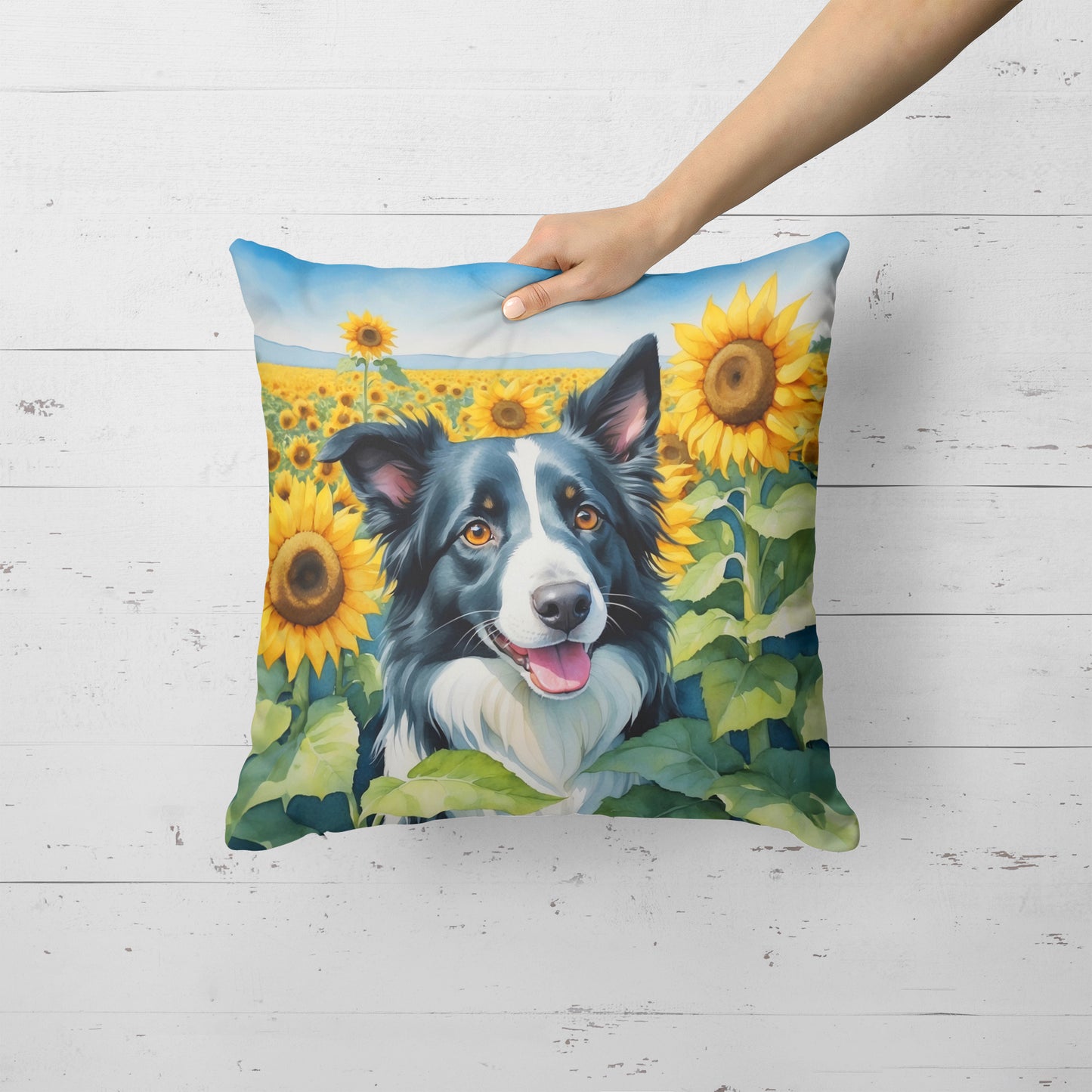 Border Collie in Sunflowers Throw Pillow