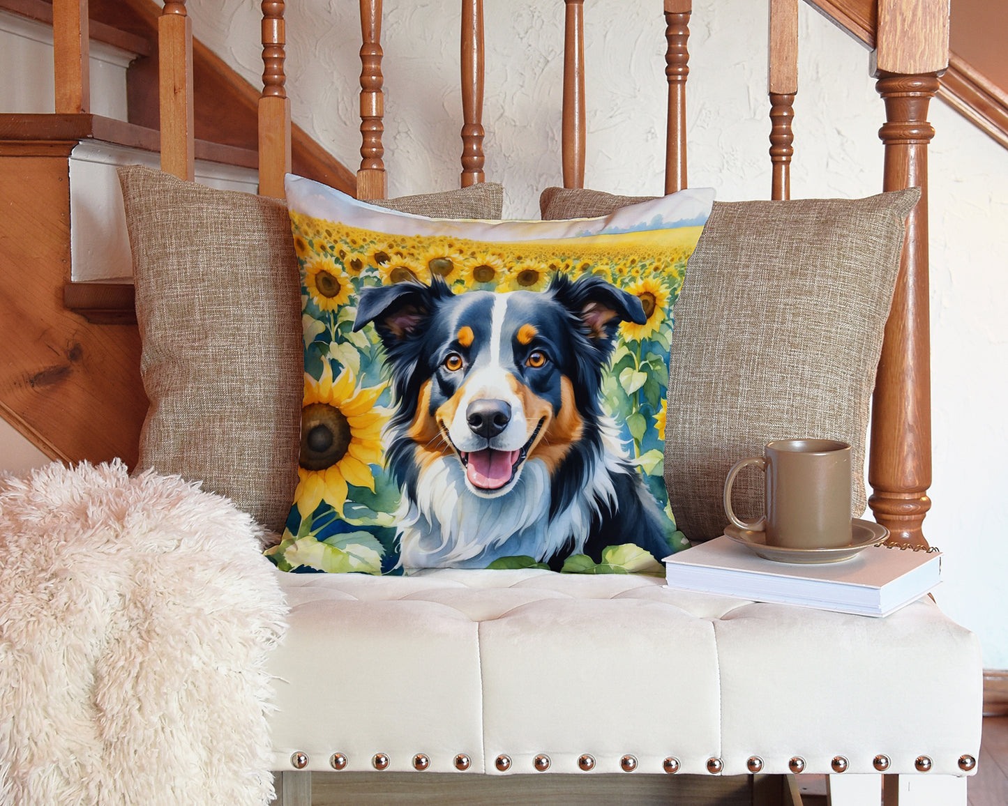 Border Collie in Sunflowers Throw Pillow