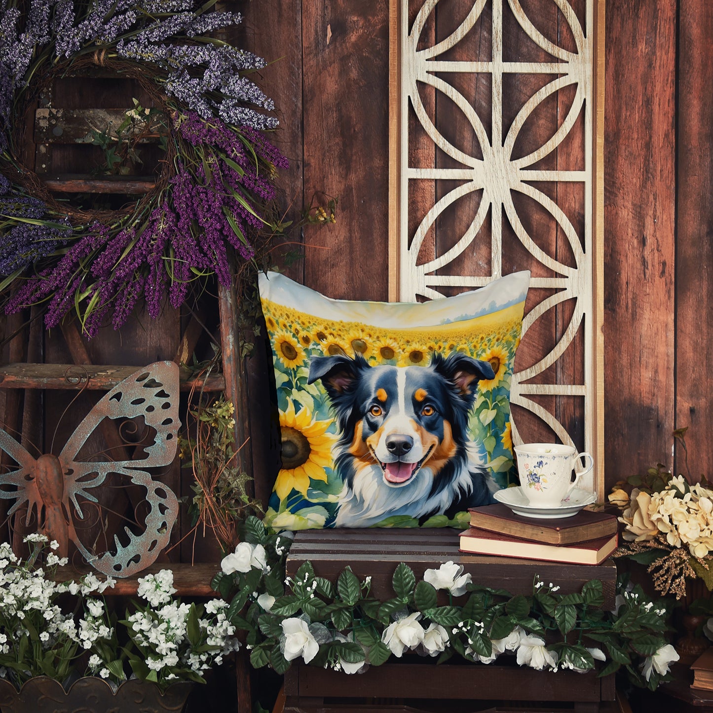 Border Collie in Sunflowers Throw Pillow