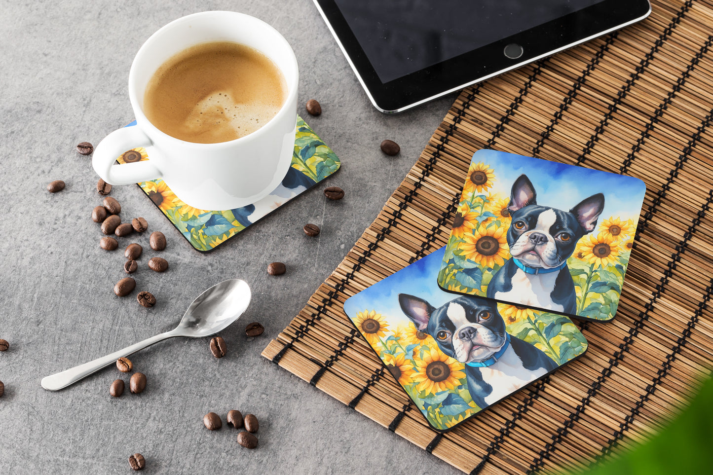 Boston Terrier in Sunflowers Foam Coasters