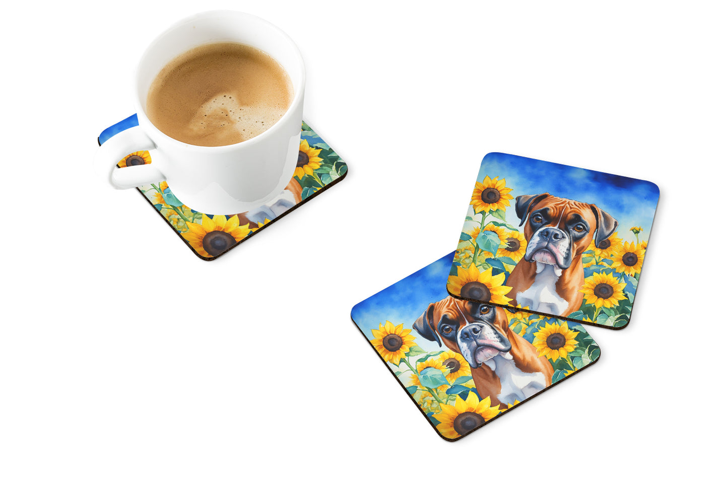 Boxer in Sunflowers Foam Coasters