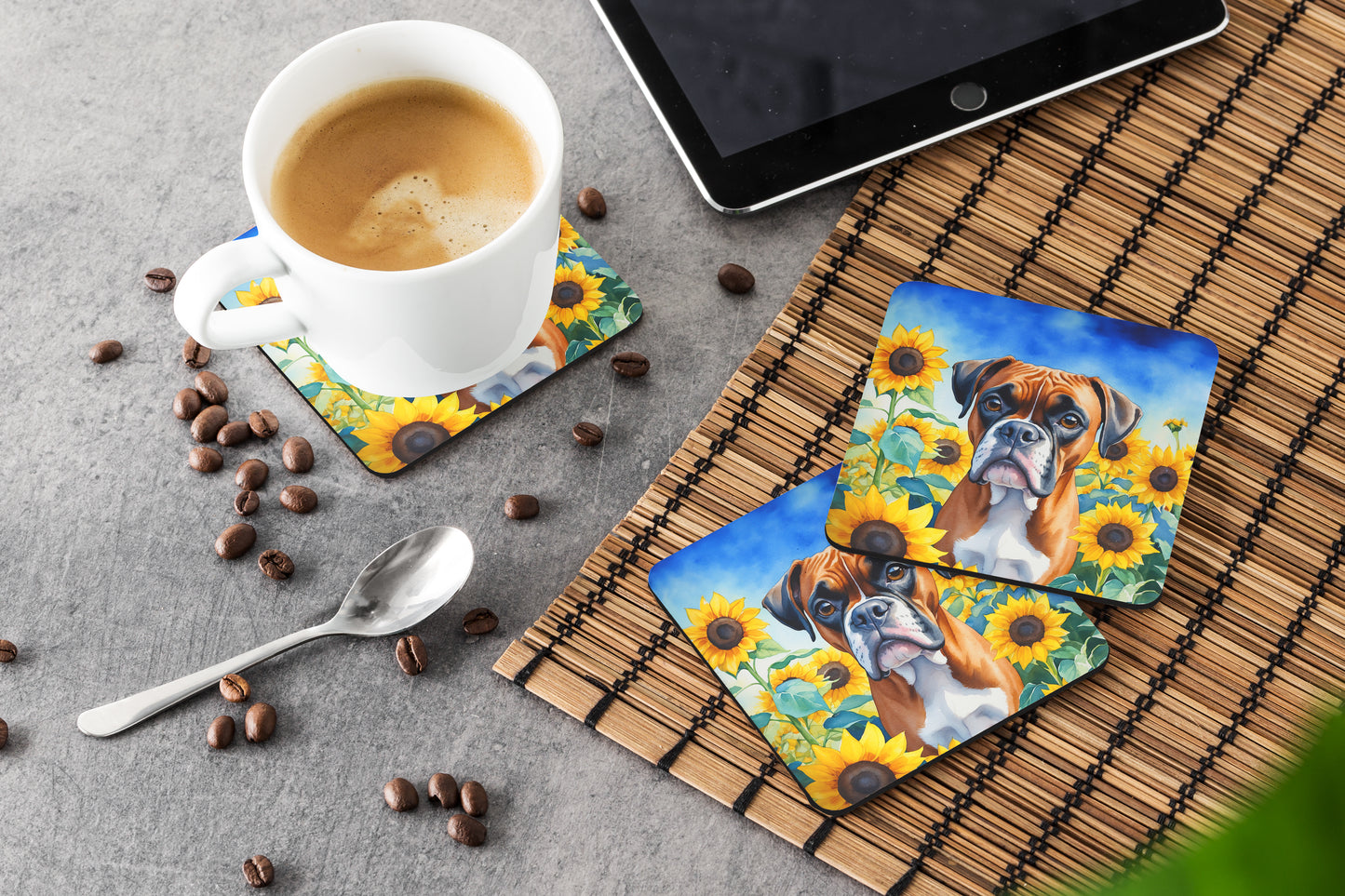 Boxer in Sunflowers Foam Coasters