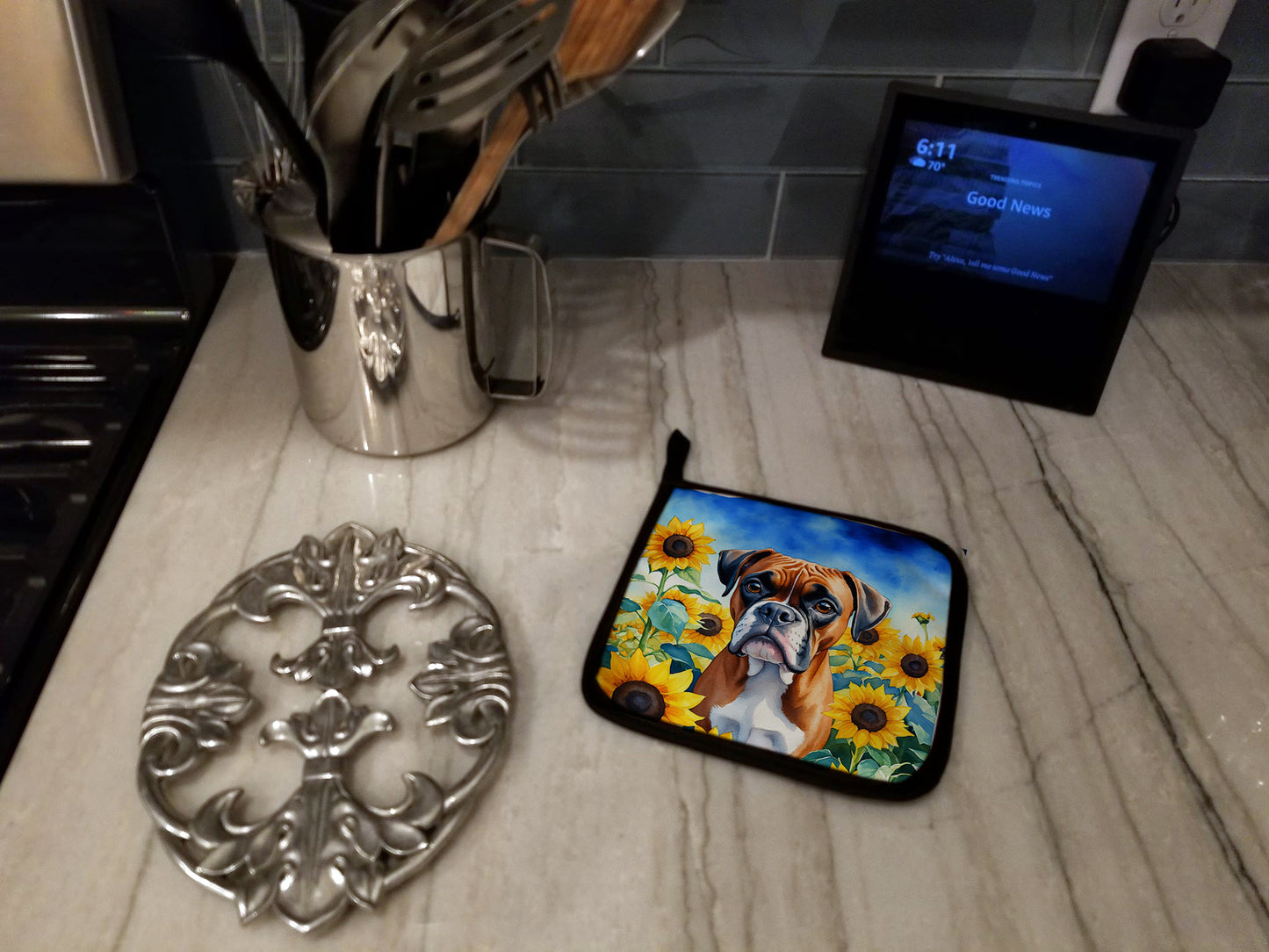 Boxer in Sunflowers Pair of Pot Holders