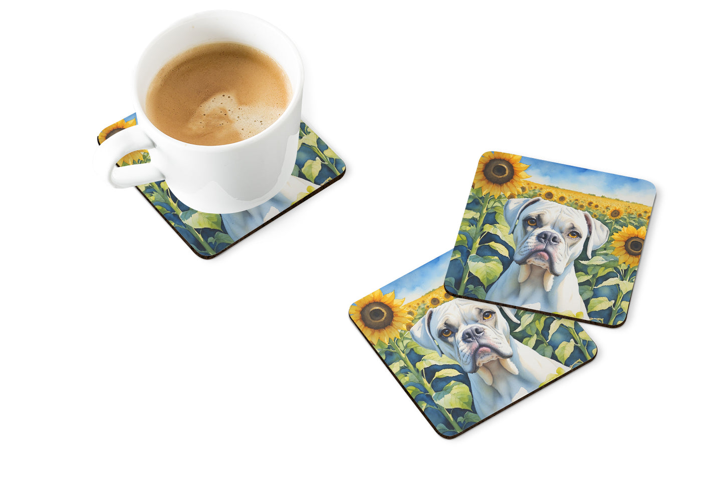 Boxer in Sunflowers Foam Coasters