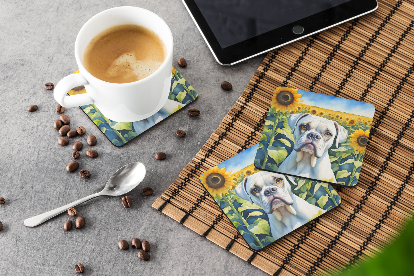 Boxer in Sunflowers Foam Coasters