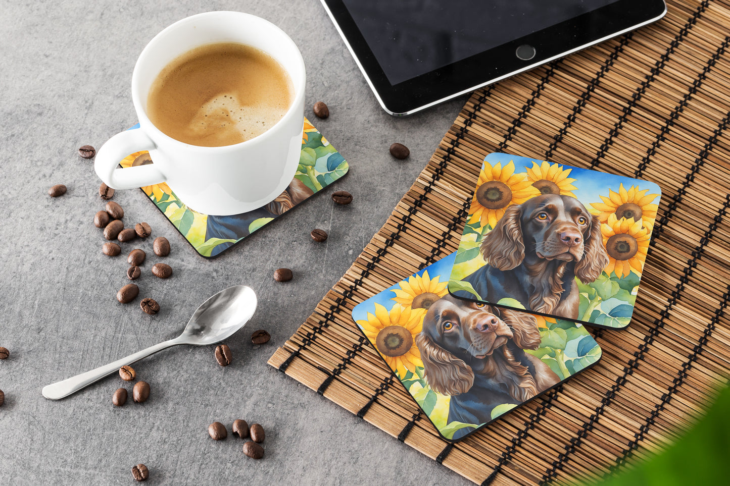 Boykin Spaniel in Sunflowers Foam Coasters