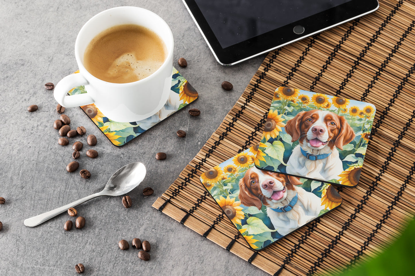 Brittany Spaniel in Sunflowers Foam Coasters