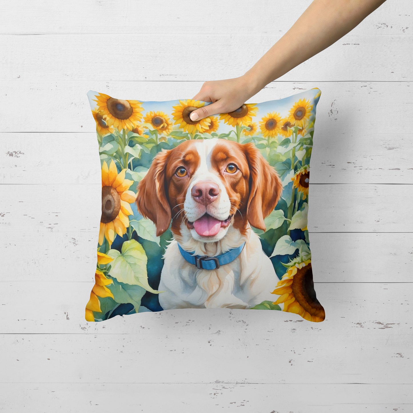 Brittany Spaniel in Sunflowers Throw Pillow