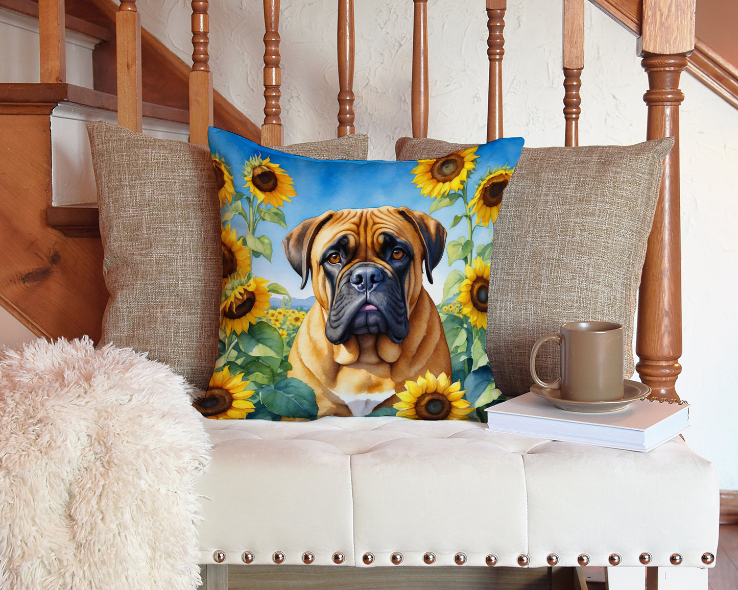 Bullmastiff in Sunflowers Throw Pillow