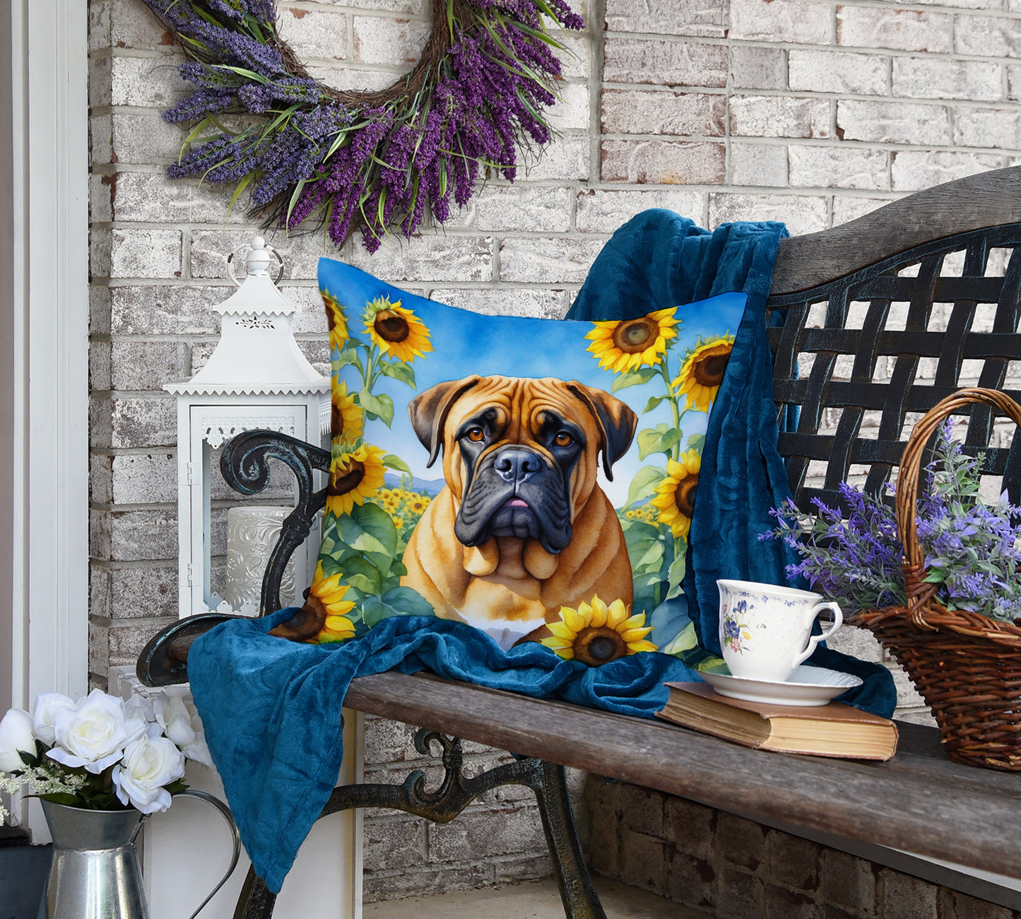 Bullmastiff in Sunflowers Throw Pillow