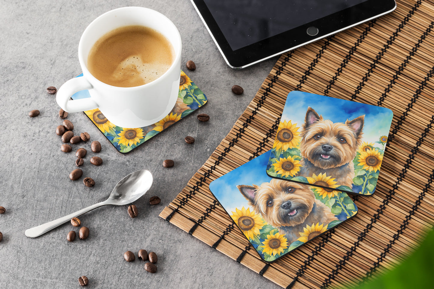 Cairn Terrier in Sunflowers Foam Coasters