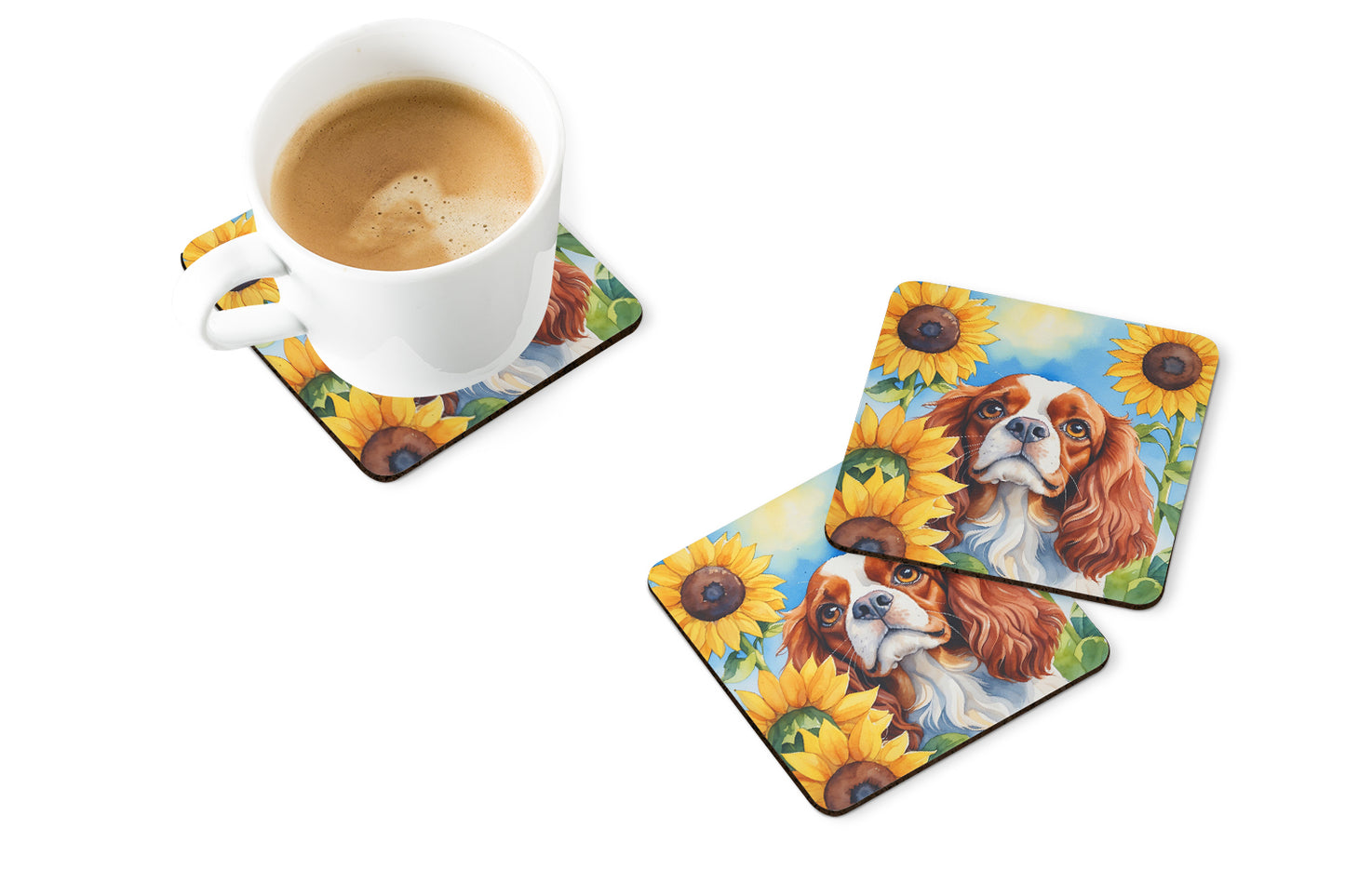 Cavalier Spaniel in Sunflowers Foam Coasters