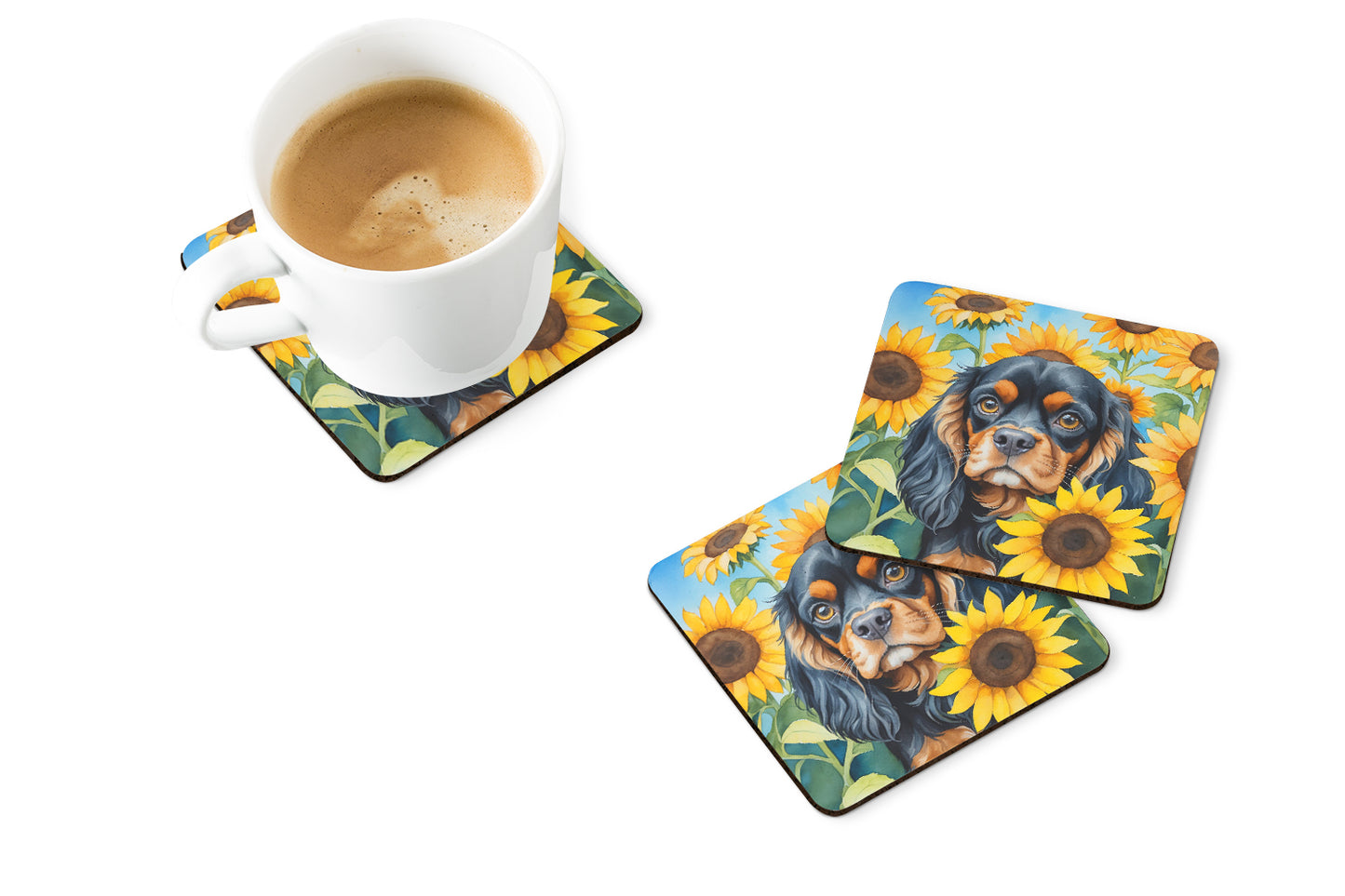 Cavalier Spaniel in Sunflowers Foam Coasters
