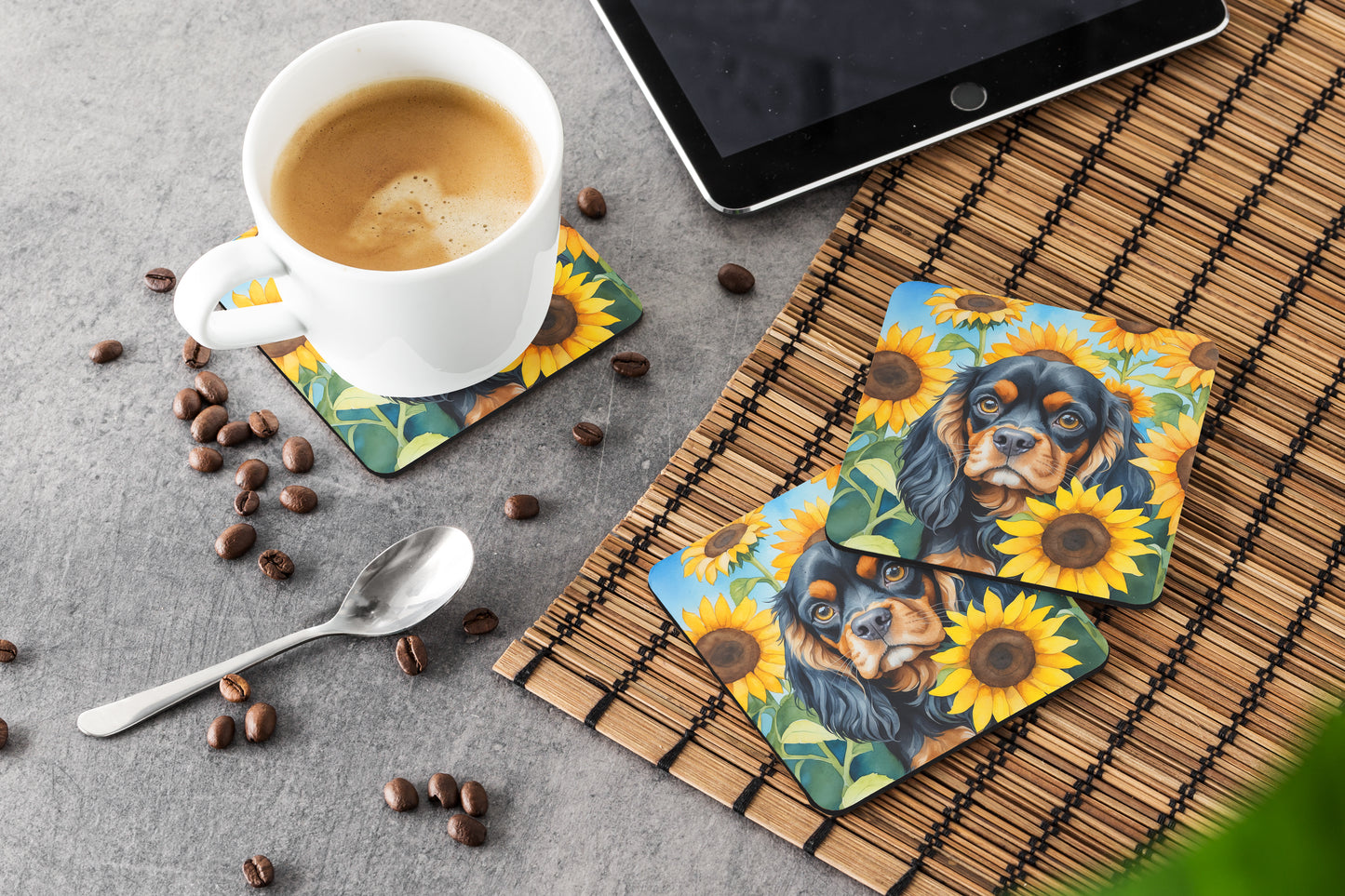 Cavalier Spaniel in Sunflowers Foam Coasters