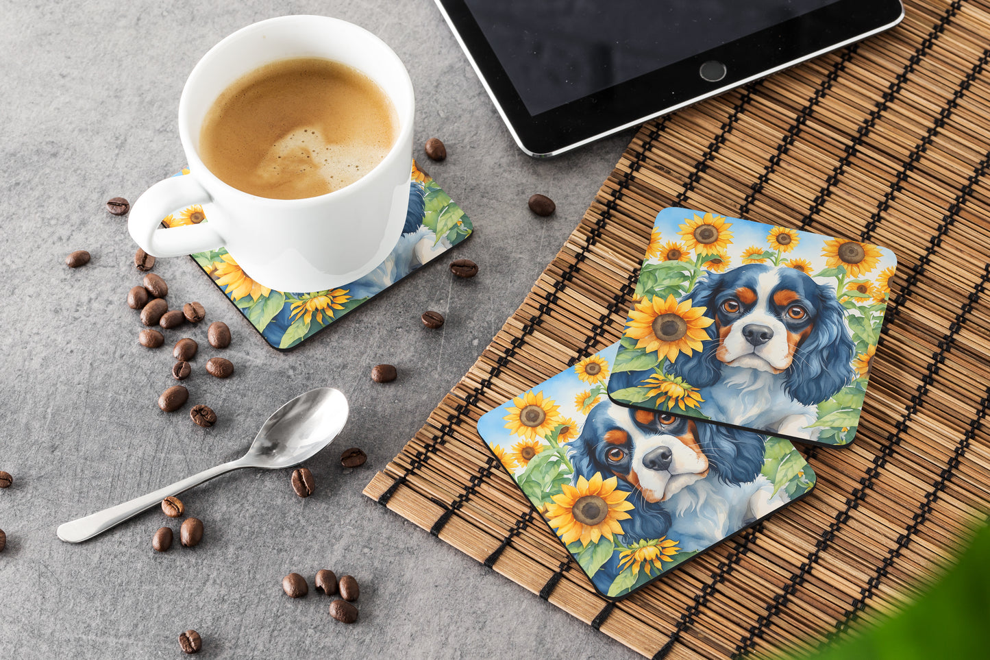 Cavalier Spaniel in Sunflowers Foam Coasters