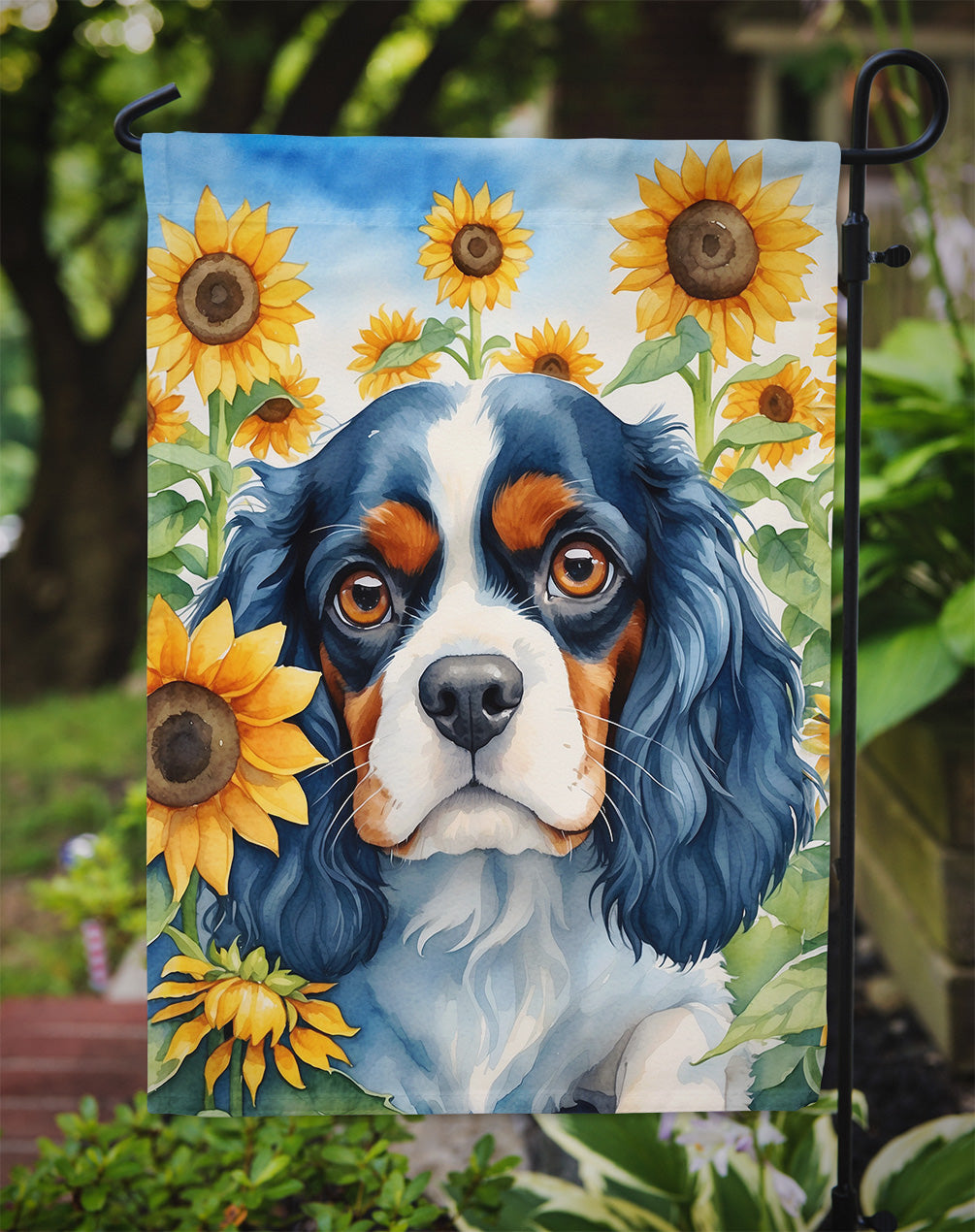 Cavalier Spaniel in Sunflowers Garden Flag