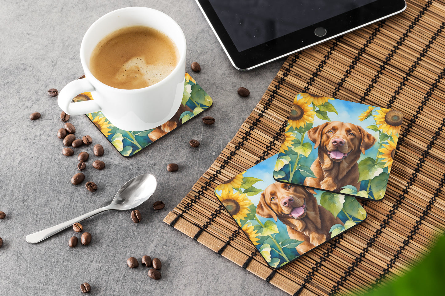 Chesapeake Bay Retriever in Sunflowers Foam Coasters