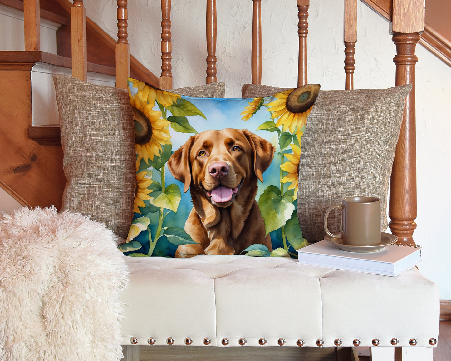 Chesapeake Bay Retriever in Sunflowers Throw Pillow