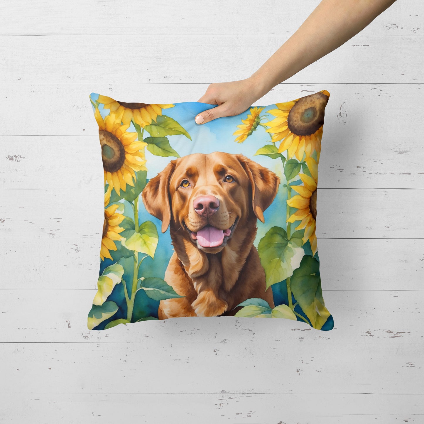 Chesapeake Bay Retriever in Sunflowers Throw Pillow