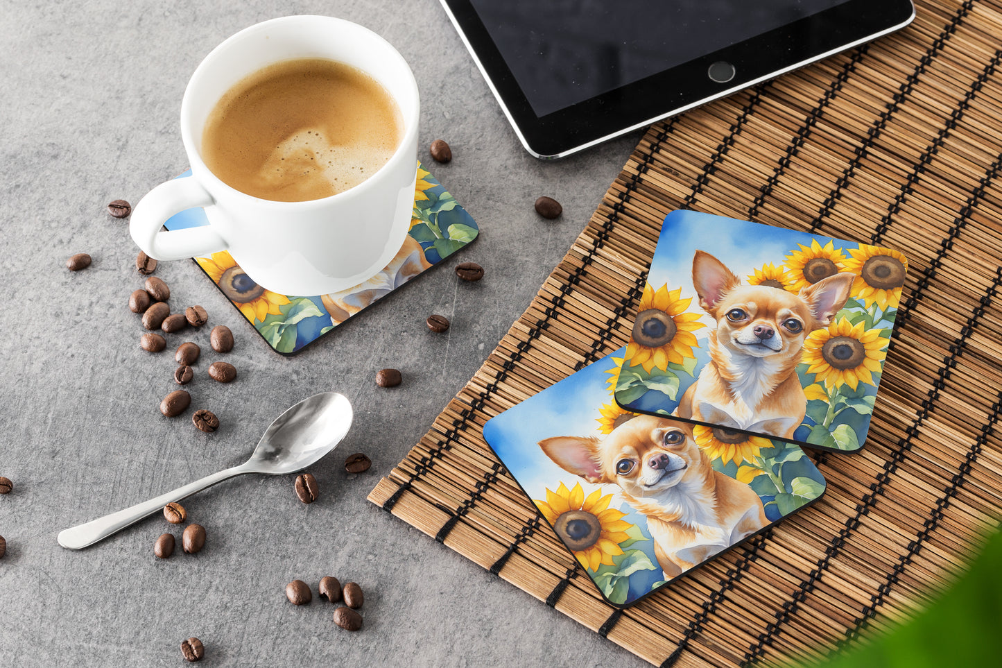 Chihuahua in Sunflowers Foam Coasters