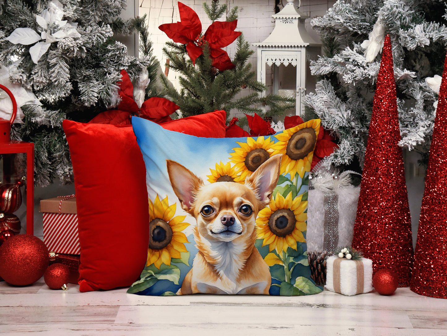 Chihuahua in Sunflowers Throw Pillow