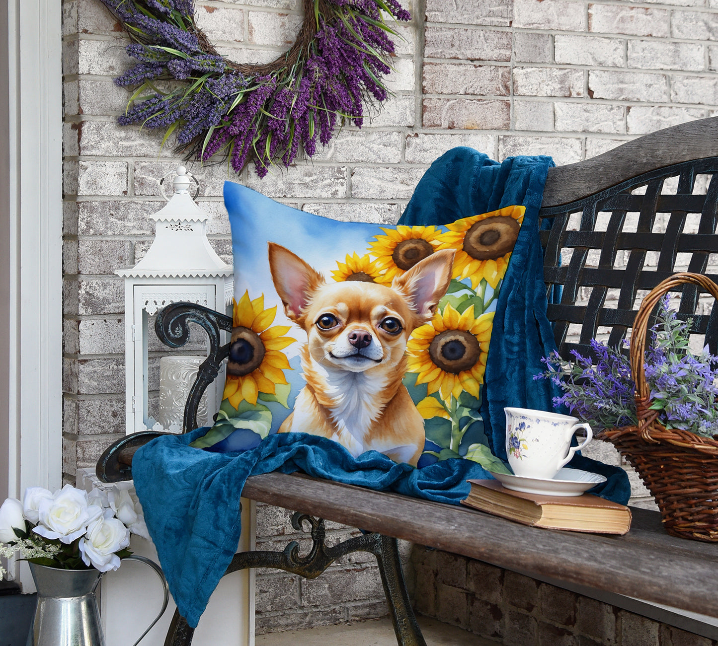 Chihuahua in Sunflowers Throw Pillow