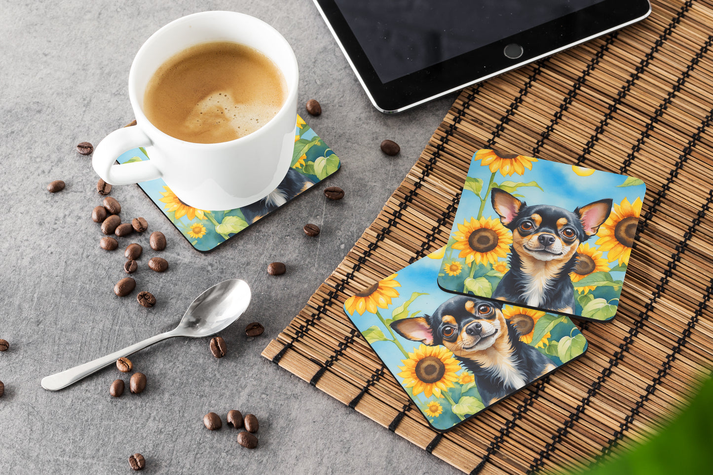 Chihuahua in Sunflowers Foam Coasters