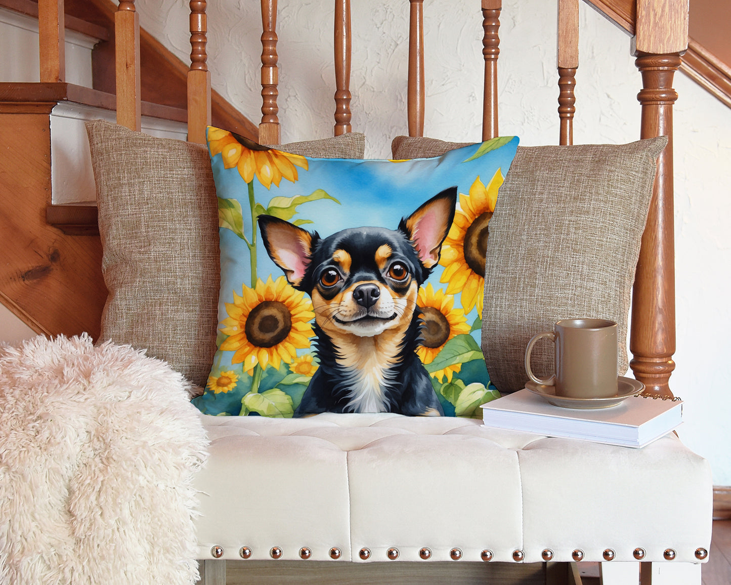 Chihuahua in Sunflowers Throw Pillow