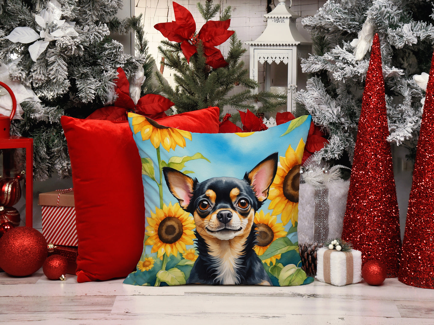 Chihuahua in Sunflowers Throw Pillow